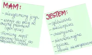 Lista "MAM" i "JESTEM" zawiera przykłady słabych stron: nieopanowany język, wstręt do pracy w open space, słomiany zapał, słabość do chipsów, spóźnialska, niecierpliwa, chaotyczna, nietolerancyjna, pyskata, niezdyscyplinowana.