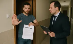 Mężczyzna w drzwiach odmawia przyjęcia dokumentu, pokazując dłoń w geście stop. Obok stoi mężczyzna w garniturze, który prawdopodobnie jest windykatorem.