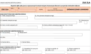 Formularz ZUS ZLA, zaświadczenie lekarskie. Wypełniane dane identyfikacyjne, adresowe i o niezdolności do pracy.