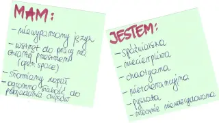 Lista "MAM" i "JESTEM" zawiera przykłady słabych stron: nieopanowany język, wstręt do pracy w open space, słomiany zapał, słabość do chipsów, spóźnialska, niecierpliwa, chaotyczna, nietolerancyjna, pyskata, niezdyscyplinowana.