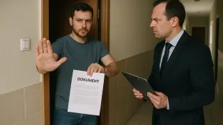 Mężczyzna w drzwiach odmawia przyjęcia dokumentu, pokazując dłoń w geście stop. Obok stoi mężczyzna w garniturze, który prawdopodobnie jest windykatorem.