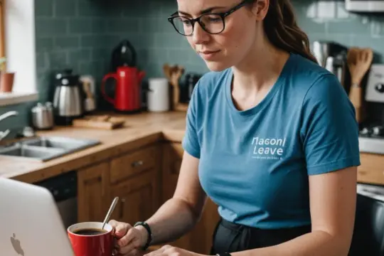Kobieta w okularach pracuje przy laptopie w kuchni, pijąc kawę. Zastanawia się, czy urlop wychowawczy jest płatny.