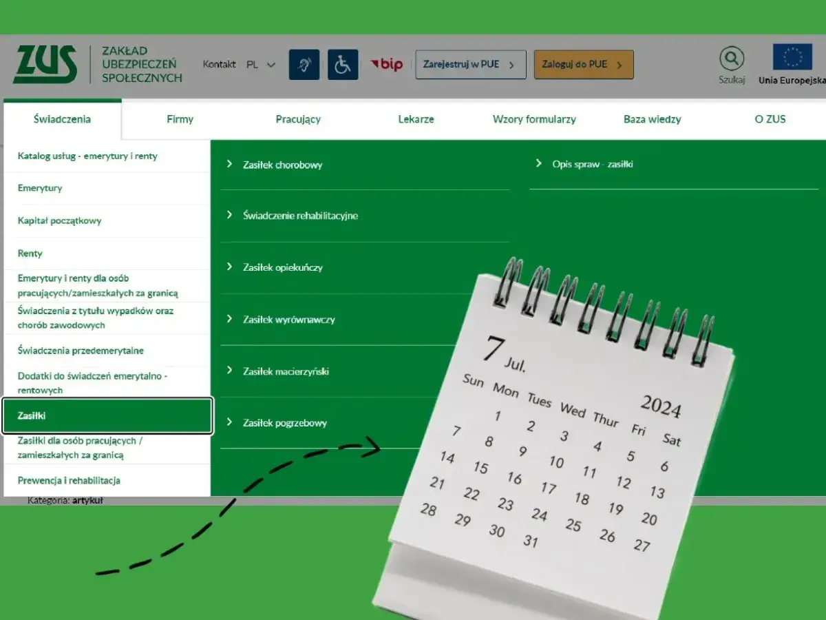 ZUS informuje, kto wypłaca zasiłek macierzyński. Na ekranie widać menu z różnymi świadczeniami.