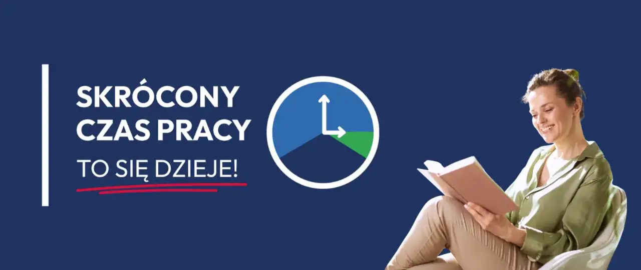 Skrócony czas pracy to więcej wolnego! Kobieta czyta książkę, ciesząc się chwilą relaksu.