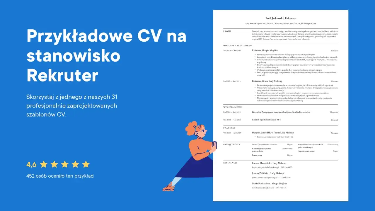Przykładowe CV rekrutera z sekcją umiejętności: ocena i pozyskiwanie talentów, rekrutacja pracowników, prawo pracy.