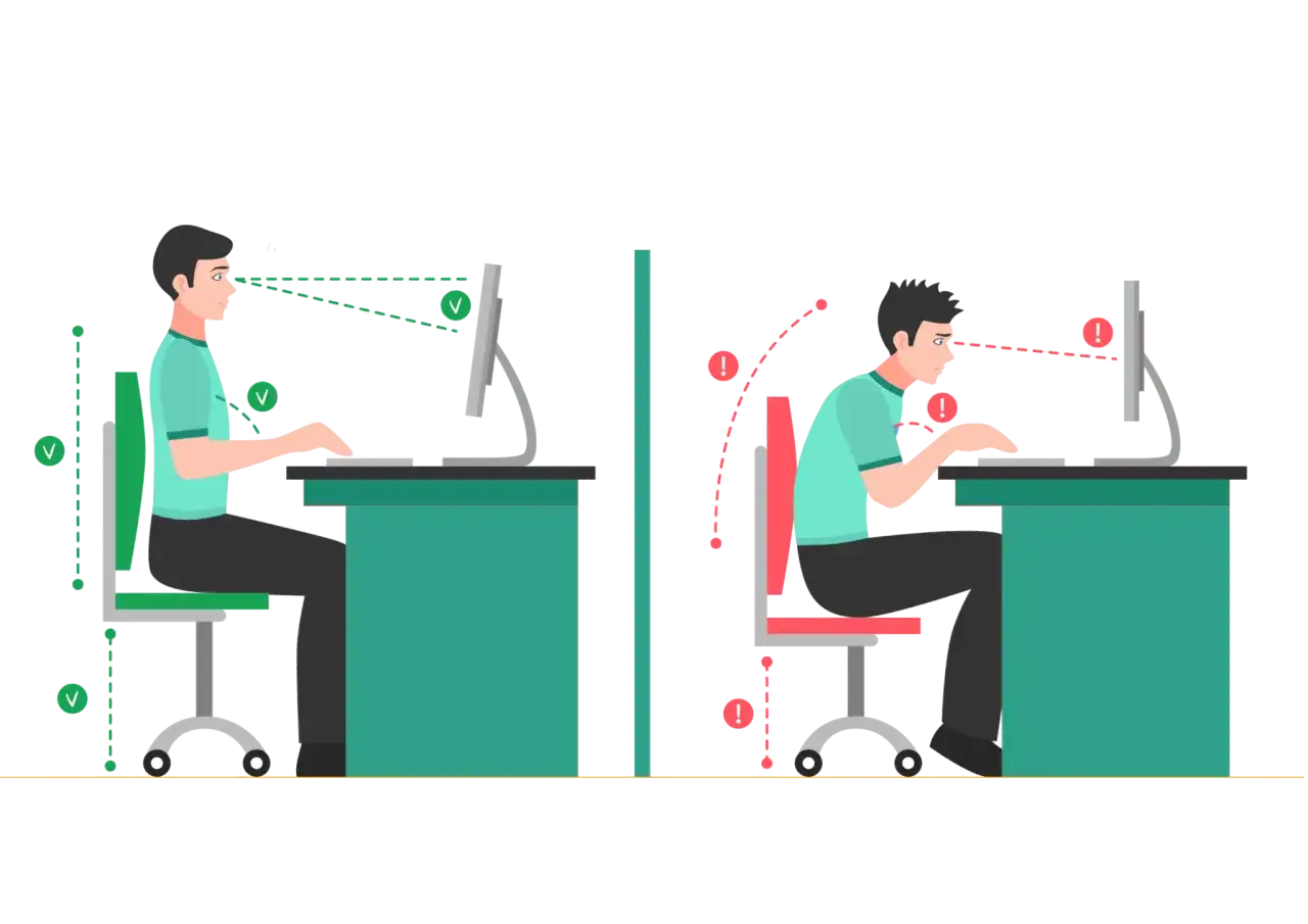 Prawidłowa postawa przy biurku to klucz do zdrowia. Po lewej - przykład dobrej ergonomii, po prawej - błędy.