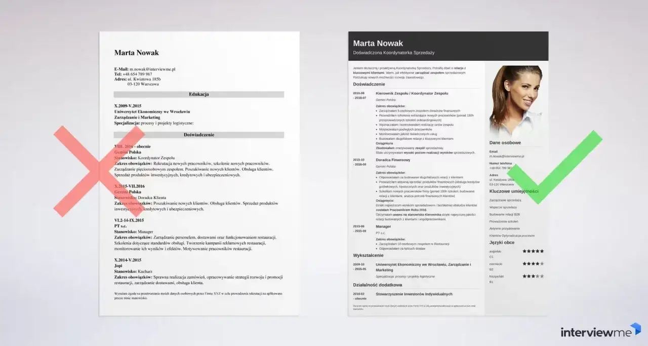 CV Marty Nowak z sekcją "Referencje" i kluczowymi umiejętnościami, podkreślającymi jej doświadczenie w sprzedaży.