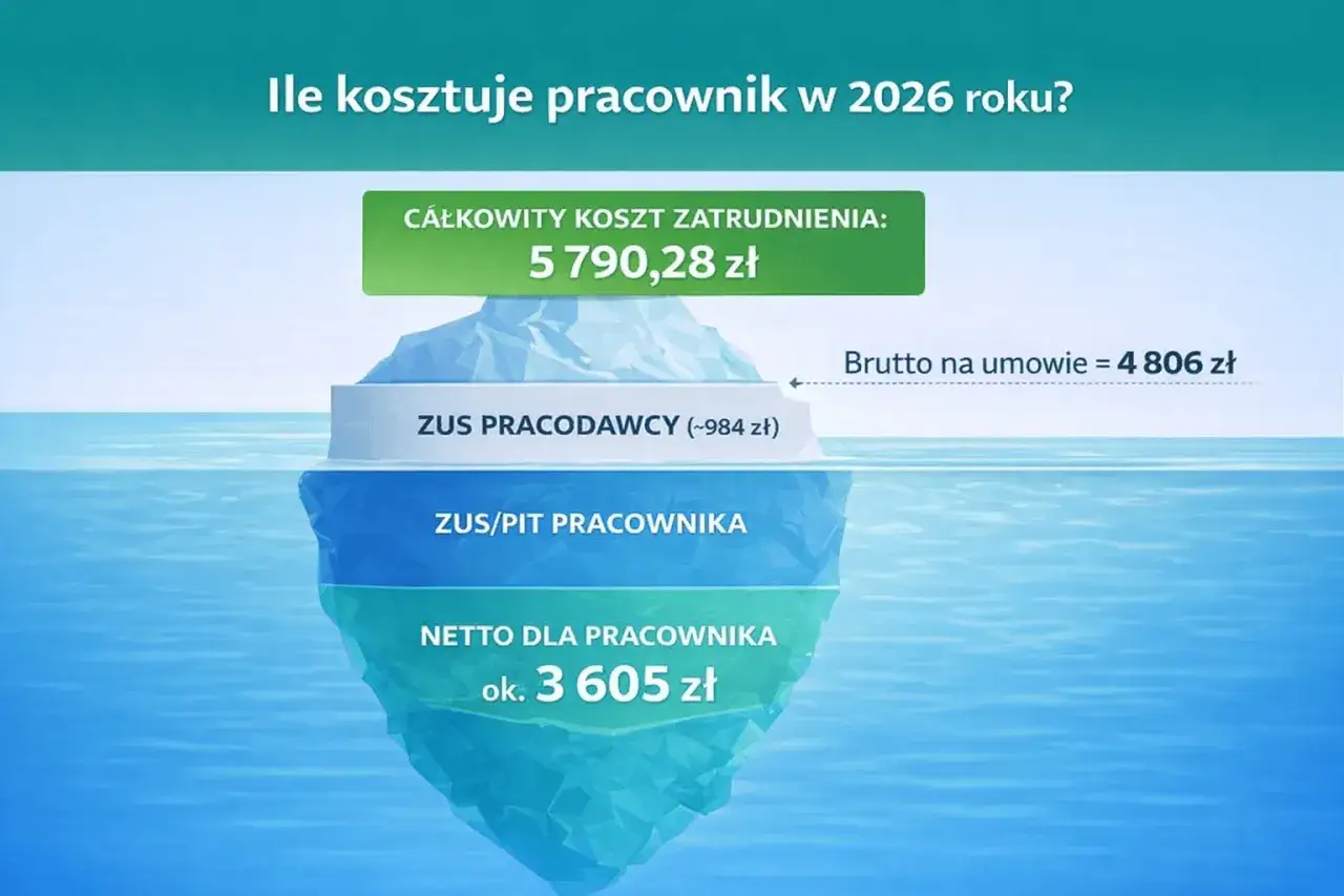 Góra lodowa kosztów pracownika: całkowity koszt zatrudnienia 5790 zł, brutto 4806 zł, ZUS pracodawcy ~984 zł, ZUS/PIT pracownika, netto dla pracownika ok. 3605 zł. Czy jednoosobowa działalność gospodarcza może zatrudniać pracowników?