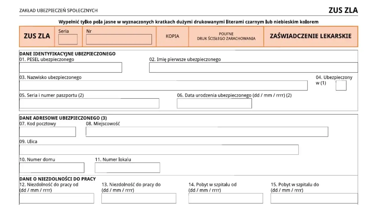 Formularz ZUS ZLA. Czy można wystawić L4 wstecz? Dokument zawiera dane identyfikacyjne, adresowe i o niezdolności do pracy ubezpieczonego.