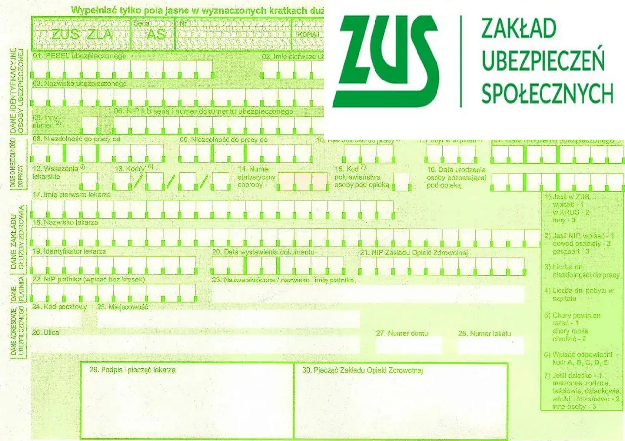 Formularz ZUS ZLA. Czy lekarz może cofnąć L4? Dokument zawiera dane ubezpieczonego, lekarza i płatnika.