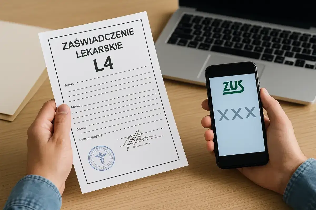 Ręce trzymają zaświadczenie lekarskie L4 i telefon z aplikacją ZUS. To dobry powód na zwolnienie lekarskie.