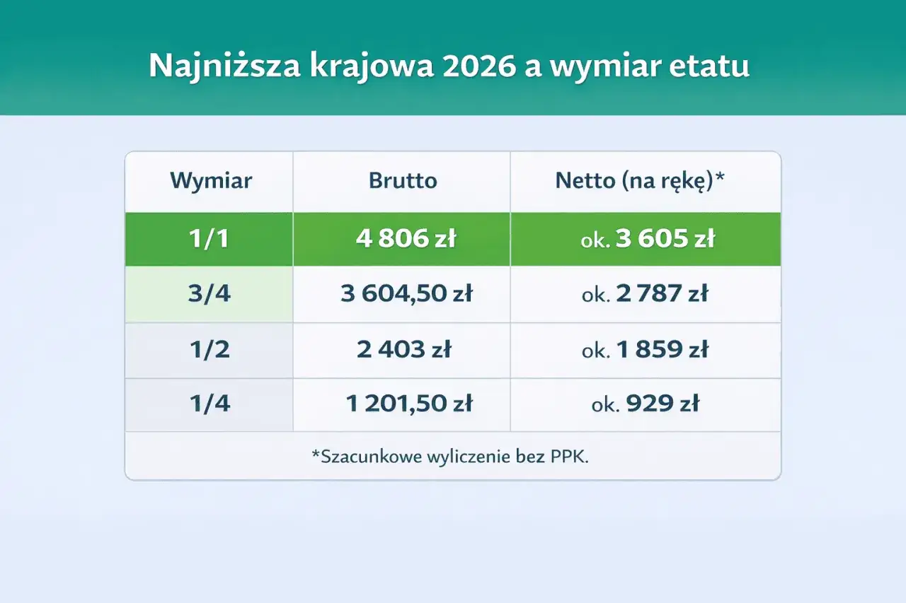 Tabela pokazuje, ile wynosi zus za pracownika na pół etatu (1/2) w 2026 roku: brutto 2 403 zł, netto ok. 1 859 zł.