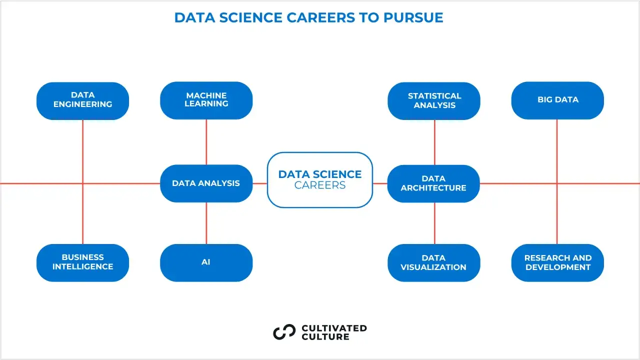 Schemat ścieżek kariery w data science: od inżynierii danych po analizę statystyczną, uczenie maszynowe i sztuczną inteligencję. Każdy data scientist znajdzie tu coś dla siebie.