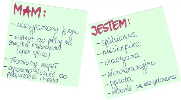 Lista "MAM" i "JESTEM" zawiera przykłady słabych stron: nieopanowany język, wstręt do pracy w open space, słomiany zapał, słabość do chipsów, spóźnialska, niecierpliwa, chaotyczna, nietolerancyjna, pyskata, niezdyscyplinowana.