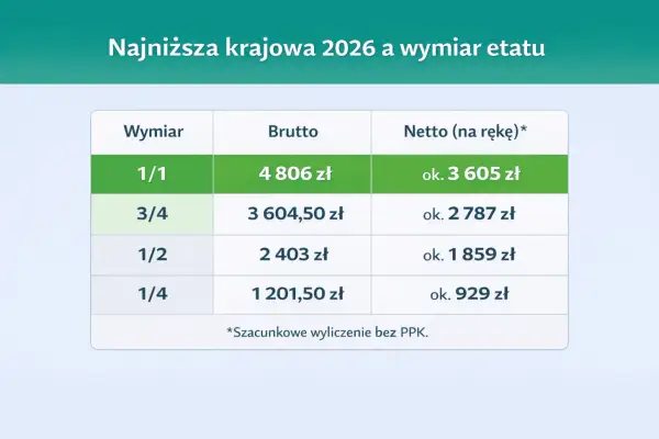 Tabela pokazuje, ile kosztuje pracownik na pół etatu w 2026 r. Netto na rękę to ok. 1859 zł.