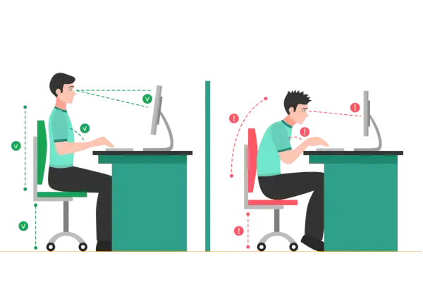 Prawidłowa postawa przy biurku to klucz do zdrowia. Po lewej - przykład dobrej ergonomii, po prawej - błędy.