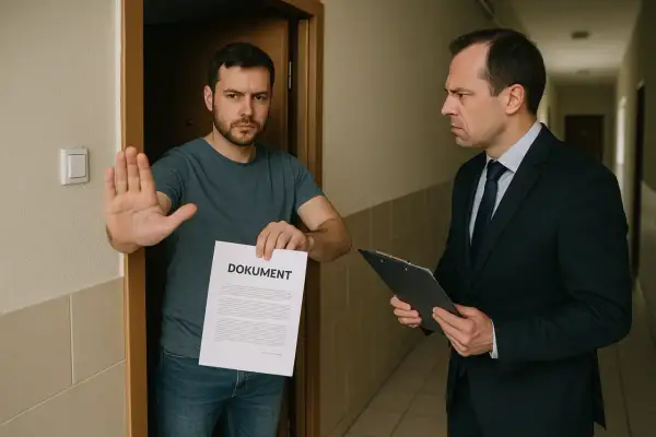 Mężczyzna w drzwiach odmawia przyjęcia dokumentu, pokazując dłoń w geście stop. Obok stoi mężczyzna w garniturze, który prawdopodobnie jest windykatorem.