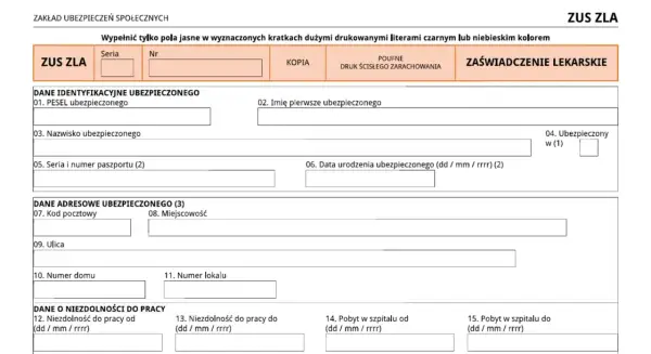 Formularz ZUS ZLA, zaświadczenie lekarskie. Wypełniane dane identyfikacyjne, adresowe i o niezdolności do pracy.