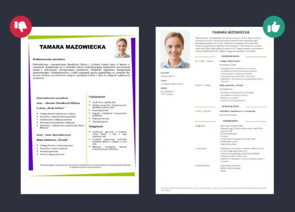 CV Tamary Mazowieckiej, prezentujące jej doświadczenie jako doradczyni klienta i sprzedawczyni. Portfolio zawiera kluczowe umiejętności i osiągnięcia.