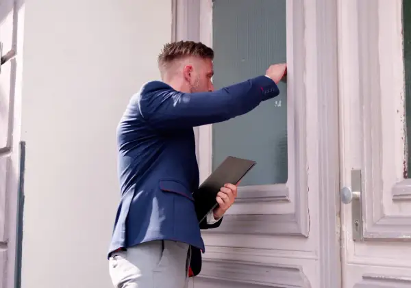 Mężczyzna w garniturze puka do drzwi, trzymając teczkę. Czy windykator może przyjść w sobotę?